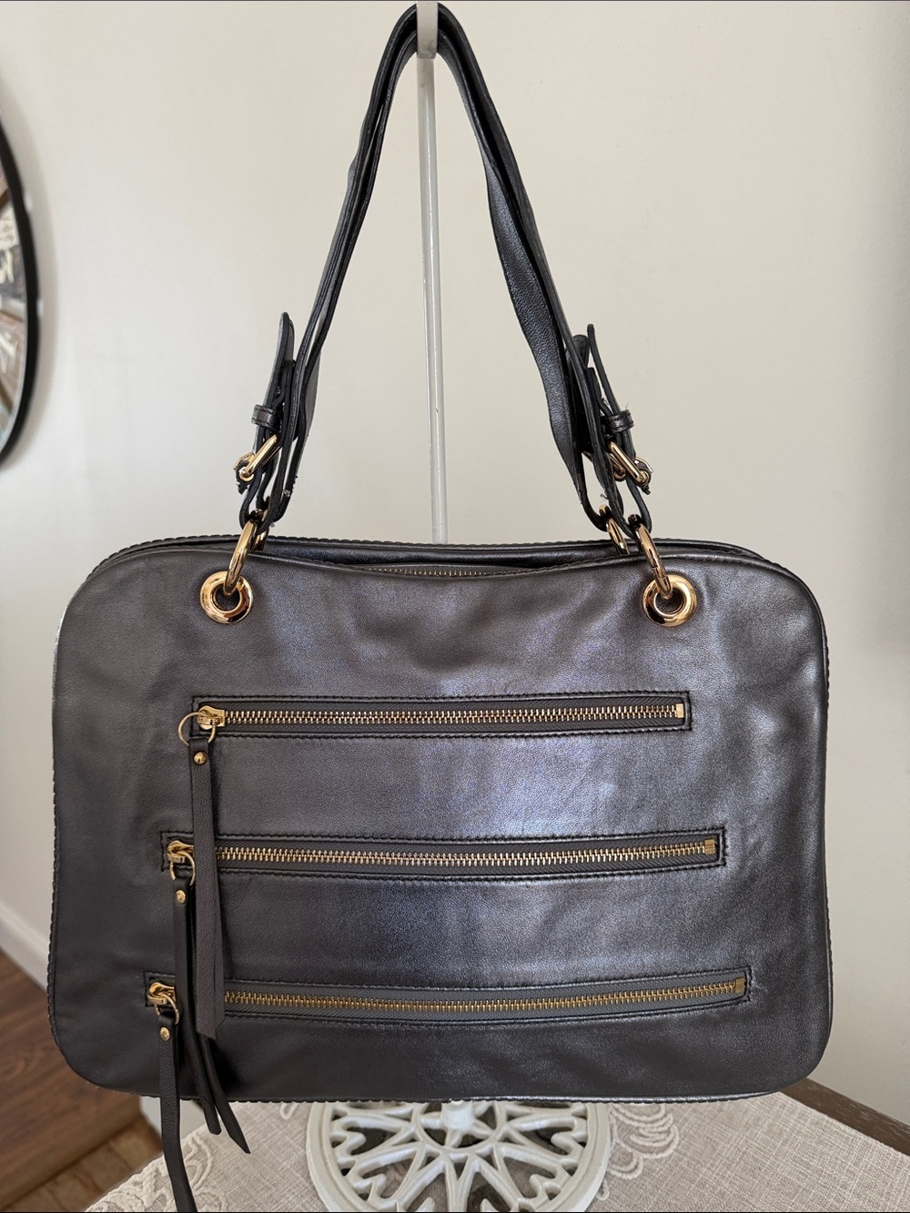 Sorial Metallic Gray Leather Triple Compartment Bag w/Triple Zip Front Pockets